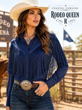 Verdusa,Coastal Cowgirl,Navy Fringe Weatern Wear Button-Up Blouse, EUC, Size Med